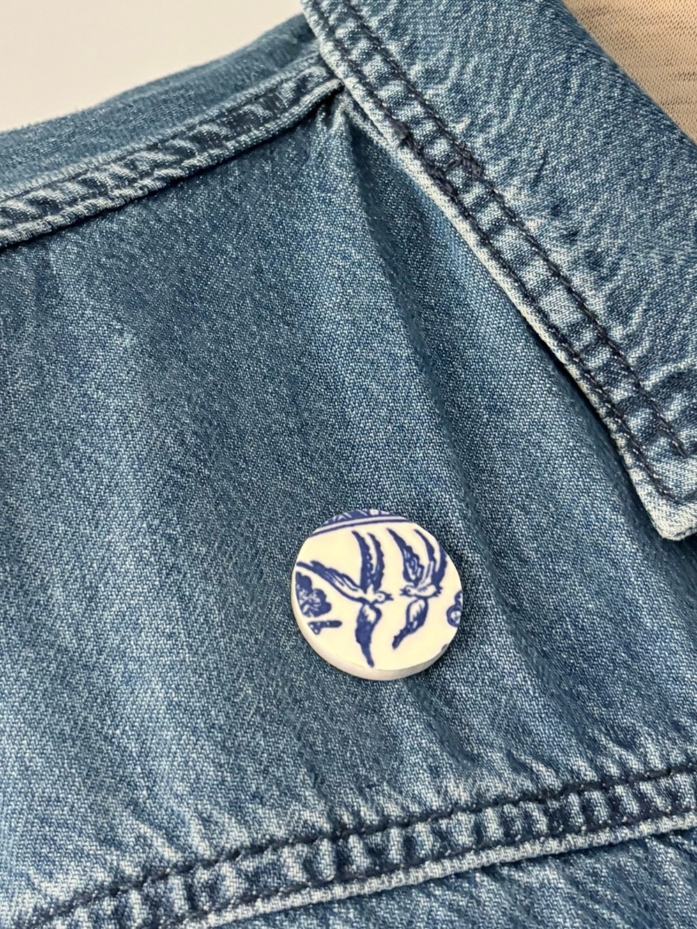 Blue Willow upcycled ceramic pin w/ birds in flight motif